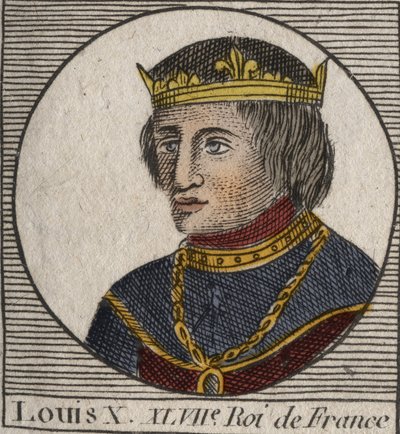 フランス王ルイ10世le Hutin (1289 - 1316)の肖像 - フランスとナバラの王、頑固者ルイ10世 (1289 - 1316) - シャルル・コンスタン・ル・テリエ1821年の「フランス史に関する教本」からの彫刻。 作： Anonymous Anonymous