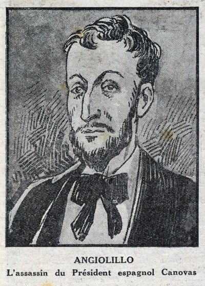 イタリアの無政府主義者（1871-1897）で、スペイン評議会議長アントニオ・カノバス・デル・カスティージョ（1828-1897）を暗殺したミケーレ・アンジョリーロ・ロンバルディ（ホセ・サンツまたはリナルディーニ）の肖像。"L
