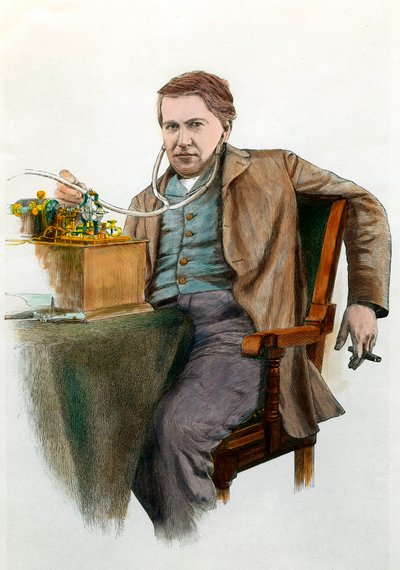 アメリカの物理学者トーマス・エジソン（1847-1931）の肖像。1900年頃のエングレーヴィング。個人蔵 作： Anonymous Anonymous