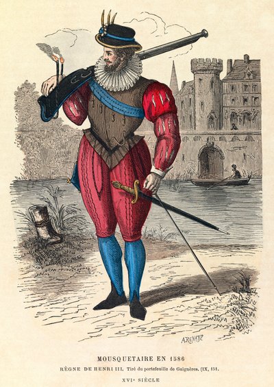 1586年、パリ（ヘンリー3世治下）での銃士の肖像、エングレーヴィング、個人蔵 - Musketeer at Paris 作： Anonymous Anonymous