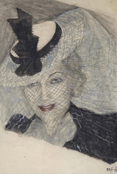 女優リュウボフ・オルロヴァの肖像 - Lioubov Petrovna Orlova (1902-1975) - Anonymous.紙に水彩、ガッシュ、ホワイトカラー、インク 作： Anonymous Anonymous