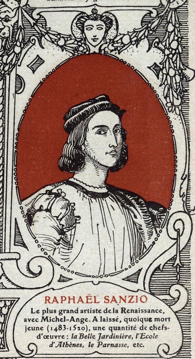 イタリア・ルネッサンス期の画家、ラファエロ（Raffaello Sanzio 1483-1520）の肖像。1914年のエングレーヴィング。個人蔵。 作： Anonymous Anonymous