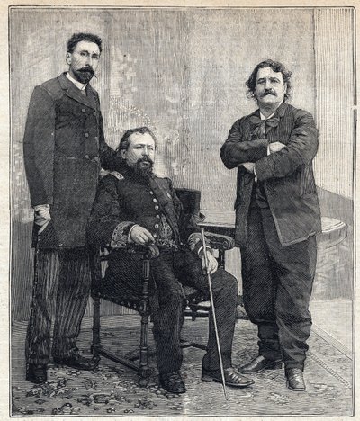 3人の "アカデミデス "の肖像。マリウス・トゥルナード、アキール・ルロワ、マキシム・リスボン（1839-1905）の3人は、フランス・アカデミーを嘲笑うことを目的としていた。1893年6月4日、「Le Petit Parisien」に掲載された版画。 作： Anonymous Anonymous