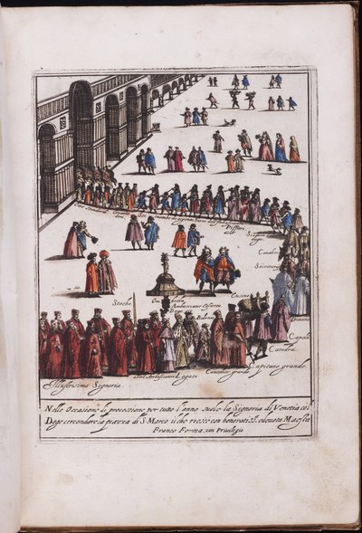 Procession du doge et de son entourage sur la place Saint Marc, Venise - ヴェネツィアのサン・マルコ広場における総督とその側近の行列、匿名 .銅版画、水彩画 作： Anonymous Anonymous