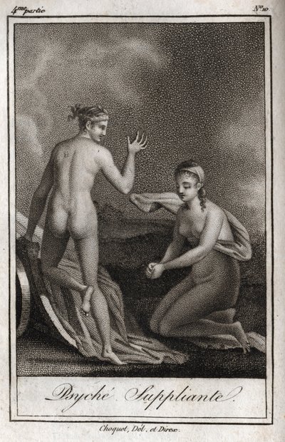 物乞いをするプシュケ。チャールズ・アルベール・ドゥムスティエ（1760-1801）の『Lettres a Emilie sur la mythologie』に掲載された1819年のエングレーヴィング。個人蔵。 作： Anonymous Anonymous