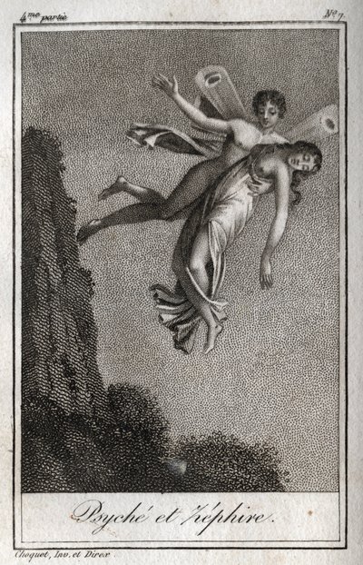 ゼファーに連れ去られるプシュケ。Charles Albert Demoustier (1760-1801)の「Lettres a Emilie sur la mythologie」に掲載された1819年の版画。個人蔵。 作： Anonymous Anonymous