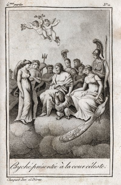 天空の宮廷に差し出されたプシュケ。シャルル・アルバート・ドゥムスティエ（1760-1801）の『Lettres a Emilie sur la mythologie』に掲載された1819年のエングレーヴィング。個人蔵。 作： Anonymous Anonymous