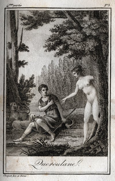 QUERCULANES、ニンフ、水路の守護者。Charles Albert Demoustier（1760-1801）の「Lettres a Emilie sur la mythologie」に掲載された1819年のエングレーヴィング。個人蔵。 作： Anonymous Anonymous