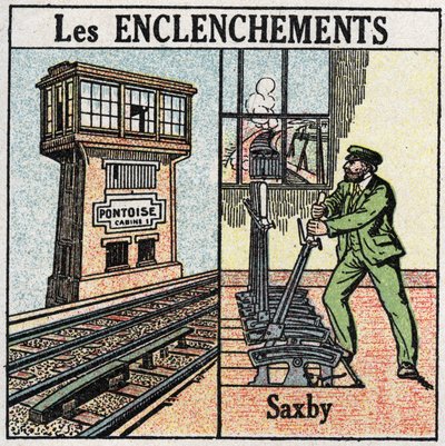 鉄道：インターロッキング。サックスビー・インディビジュアル・レバーズ・ステーションを使用した鉄道。1925年の匿名のイラスト。個人蔵。 作： Anonymous Anonymous