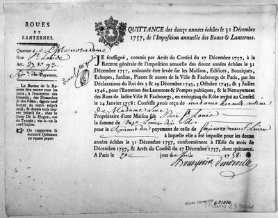 1757年12月、泥と提灯のための税金の支払いに関する歳入庁からの領収書。 作： Anonymous Anonymous