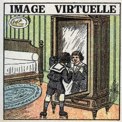 光の反射：バーチャルイメージ。鏡に映った自分の姿を見つめる子供。1925年の匿名のイラスト。個人蔵。 作： Anonymous Anonymous