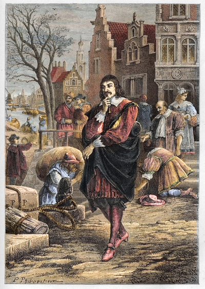 アムステルダムの街を歩くルネ・デカルト（1596-1650） - Descartes in Amsterdam - engraving from L