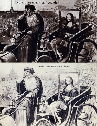 レオナルド・デ・ヴィンチ（レオナルド・ダ・ヴィンチ）（1452-1519）が、1911年8月21日に起こったヴィンチェンツォ・ペルッジア（1881-1925）による作品の盗難の後、作品「モナリザ」（Mona Lisa, Monna Lisa）を持ち帰る様子を表現したもの。お笑いポストカード 作： Anonymous Anonymous