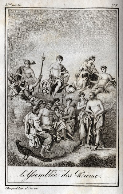 オリンポス山での神々の集会、または12人のオリンポスの神々を表したもの。Charles Albert Demoustier（1760-1801）の「Lettres a Emilie sur la mythologie」に掲載された1819年のエングレーヴィング。個人蔵。 作： Anonymous Anonymous
