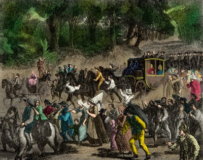1791年にヴァレンヌに向かった王室がパリに戻ってきたときの様子、エングレーヴィング、個人蔵 作： Anonymous Anonymous