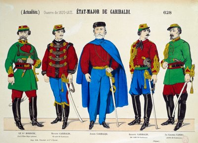 リソルジメント。ジュゼッペ・ガリバルディ(1807-1882)の参謀本部。イタリア統一の英雄は、二人の息子メノッティとリチオッティ、ボルドーネ将軍とカンツィオ大佐に囲まれて描かれている。1870年頃のエングレーヴィング パリ、カルナヴァレ美術館（Musee Carnavalet 作： Anonymous Anonymous