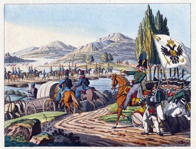 1828年5月、プルース川を渡ってモルダヴィアに入るロシア軍 - 匿名 - 1829 - エッチング、水彩画 - 37,9x24,4 - 個人蔵 作： Anonymous Anonymous