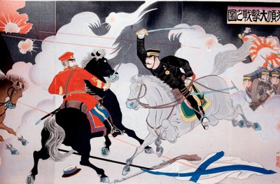 日露戦争（1904-1905） 二人の騎馬民族の戦いを描いた日本の版画。20世紀初頭 個人蔵 作： Anonymous Anonymous