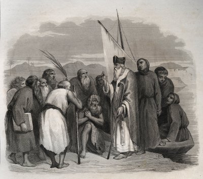 エジプトの独房を訪れたアレクサンドリアの聖アタナシウス（大アタナシウス）（295-373）。1846年の「Lives of the saints」に掲載された版画。個人蔵。 作： Anonymous Anonymous