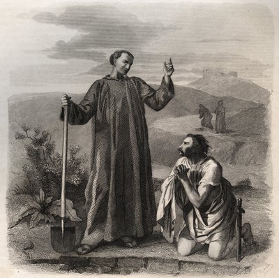 オストロゴスの王トティラ（6世紀）を迎えるヌルシアの聖ベネディクト。1846年の「Lives of the saints」に掲載された版画。個人蔵。 作： Anonymous Anonymous
