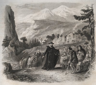 聖フランソワ・ド・サレス(Saint Francois de Sales) (1567-1622)、司牧訪問中のジュネーヴの前夜祭。1846年の「Lives of the saints」に掲載されたエングレーヴィング。個人蔵。 作： Anonymous Anonymous