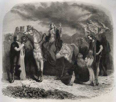 聖ラデゴンデ（Radegonde de Poitiers, 519-587）は、パイア人の神殿を燃やし、ガリア人をキリスト教に改宗させた。1846年の「Lives of the saints」に掲載されたエングレーヴィング。個人蔵。 作： Anonymous Anonymous