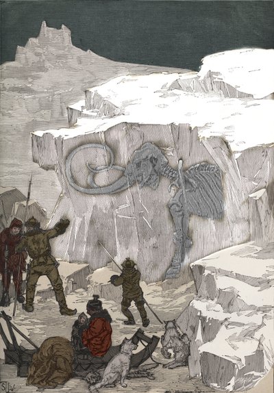 19世紀のシベリアにおけるマンモスの化石象牙の探索。Adolphe BITARDの "Les arts et metiers illustres "に掲載された1885年のエングレーヴィング。 作： Anonymous Anonymous