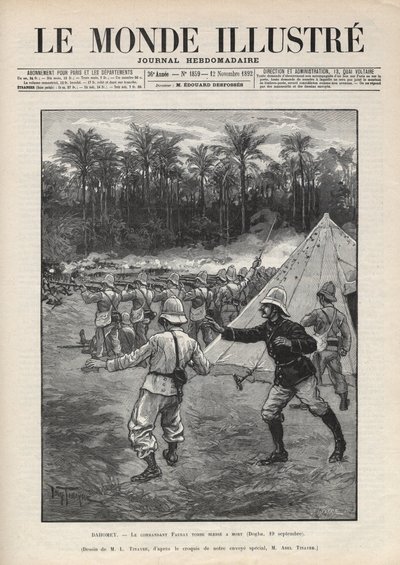 第二次ダホメー戦争（1892-1894）：1892年9月19日、Dahomey（現ベナン）のBattle of Dogbaでフランス人指揮官Fauraxが死亡。某新聞。1892年の "Le monde illustree "に掲載されたエングレーヴィング。個人蔵。 作： Anonymous Anonymous