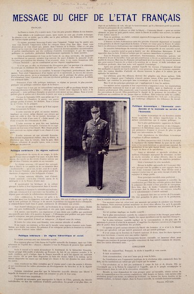 第二次世界大戦とヴィシー政権：1940年6月にフランスが締結した休戦協定に基づいて発表された、国民革命のプログラムを紹介するフランス国家元首フィリップ・ペタンのメッセージ（1940年秋個人蔵 作： Anonymous Anonymous