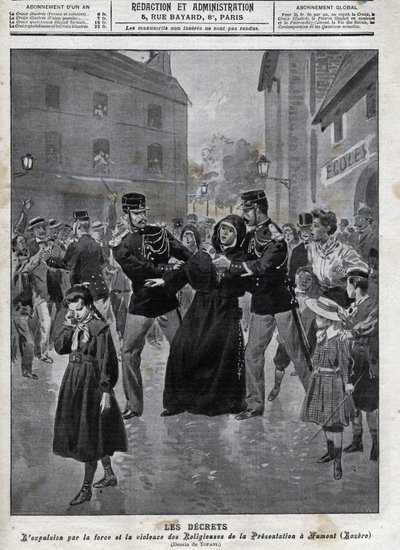 政教分離-Humont（Lozere）の法執行機関による修道女の学校からの追放-1902年の「la-croix illustree」の表紙-。 作： Anonymous Anonymous