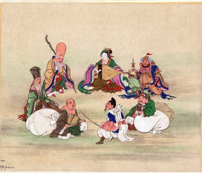 Sept Divinites du Bonheur - Seven Lucky Gods par Anonymous, ca 1878 - 紙に水彩・インク、25x17,8 - Private Collection 作： Anonymous Anonymous