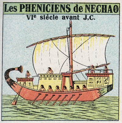 船と船。紀元前7世紀、ファラオ・ネチャオに仕えたフェニキア人の船員たち。1925年の匿名のイラスト。個人蔵。 作： Anonymous Anonymous
