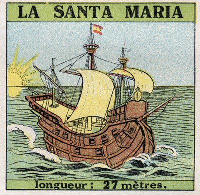 船と船。1492年にクリストファー・コロンブス（1451-1506）がアメリカを発見したときのカラベル、サンタ・マリア。1925年の匿名のイラスト。個人蔵。 作： Anonymous Anonymous