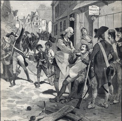 1792年のリールの包囲戦。爆弾の破片を髭用の皿にして客の髭を剃るマエスのかつら。1892年10月16日の「Le petit parisien」に掲載されたエングレーヴィング。プライベート・コレクション 作： Anonymous Anonymous
