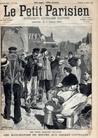 パリの小さな産業：中央市場のスープ商人。エングレービング。1892年7月31日の新聞 "Le petit parisien "に掲載されたもの。個人蔵 作： Anonymous Anonymous