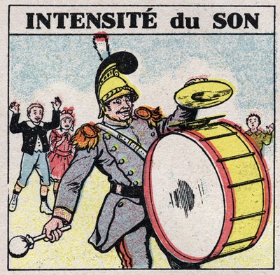 音のエネルギー：強烈な音。軍楽隊のバスドラム。1925年の匿名のイラスト。個人蔵。 作： Anonymous Anonymous