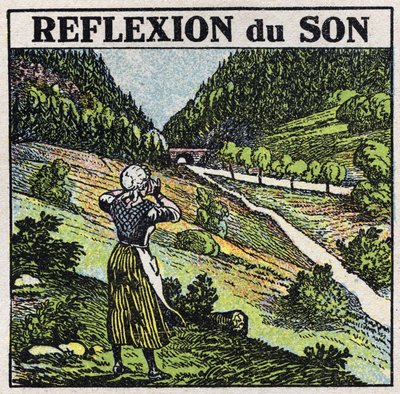 音のエネルギー：エコー現象による音の反射。1925年の匿名のイラスト。個人蔵。 作： Anonymous Anonymous