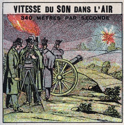 音響エネルギー：空気中の音速。ルイ・ジョセフ・ゲイ・リュサック(Louis-Joseph Gay Lussac)(1778-1850)とフランソワ・アラゴ(Francois Arago)(1786-1853)がモンルヘリーとヴィルジュイフの間で大砲を連射した1822年の体験談。1925年の匿名イラスト 作： Anonymous Anonymous