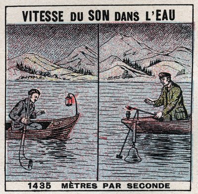 音響エネルギー：水中の音速。ジャン・ダニエル（Jean-Daniel）コラドン（1802-1893）とシャルル・フランソワ・シュトゥルム（1803-1855）が1826年から1827年にかけてレマン湖（Leman Lake）で行った実験。14km離れた場所に係留された2つのボートのうち、1つのボートはベルを支え、ハンマーのh 作： Anonymous Anonymous