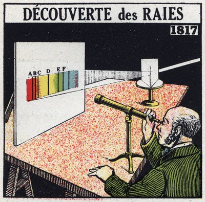 スペクトル分析：1817年、Joseph von Fraunhofer（1787-1826）による光線の発見。1925年の匿名のイラスト。個人蔵。 作： Anonymous Anonymous