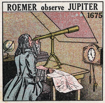 光の速度デンマークの天文学者オーレ・クリステンセン・ローマー（Olaus Roemer）（1644-1710）は、1675年から1676年にかけて木星の衛星の日食を観測し、それを利用して光の速度を測定した。1925年の匿名のイラスト。個人蔵。 作： Anonymous Anonymous
