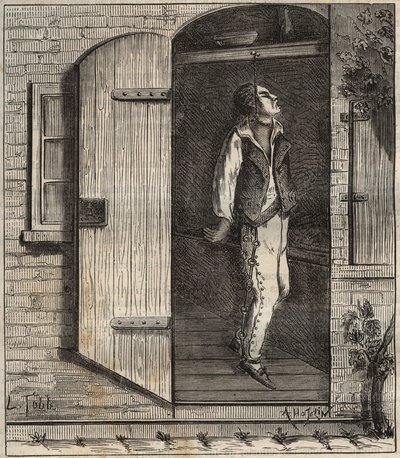 1840年、ロシュフォールのバッグンで自殺。ピエール・ザッコーネ（1817-1895）の『Histoire des bagnes depuis leur création à nos jours』（1877年）に掲載されている版画（Colonia Penale - Penal colony）。プライベートコレクション 作： Anonymous Anonymous