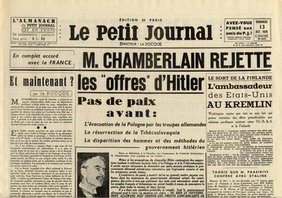 THE SMITTLE JOURNAL FRIDAY 13 OCTOBER 1939 Neville CHAMBERLAIN (1869-1940) アドルフ・ヒトラーの申し出を拒否する。 作： Anonymous Anonymous