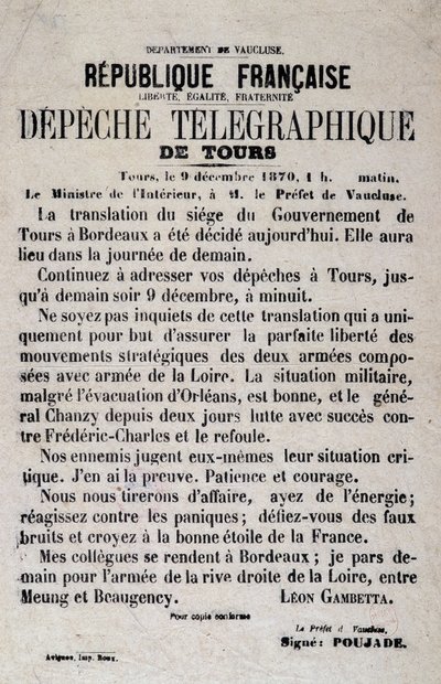 レオン・ガンベッタによる1870年9月12日のトゥールの電報ニュース。 作： Anonymous Anonymous