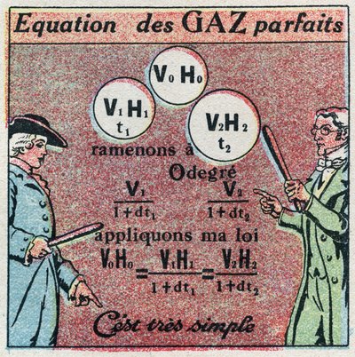 温度と膨張：ルイ・ジョセフ・ゲイ・リュサック（Louis Joseph Gay Lussac）（1778-1850）の法則とエドム・マリオット（Edme Mariotte）（約1620-1684）の法則によって得られた完全気体の方程式。1925年の匿名のイラスト。個人蔵。 作： Anonymous Anonymous