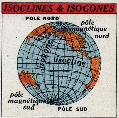 地球上の磁気。アイソクリンとアイソゴンを示す磁気地図。1925年の匿名のイラスト。個人蔵。 作： Anonymous Anonymous