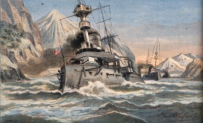 マゼラン・デトロイトのアメリカ艦隊。新聞 "Le Petro Parisien "のエングレーヴィング、1908年2月23日。個人蔵。 作： Anonymous Anonymous