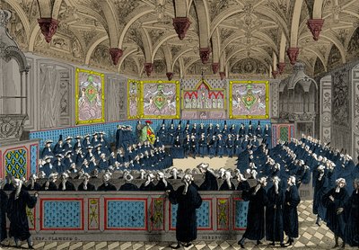 1787年、国王ルイ16世臨席の下での国会議事堂、エングレーヴィング、個人蔵 作： Anonymous Anonymous