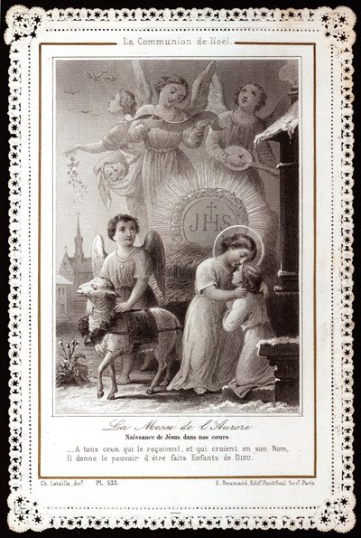 クリスマスの聖餐式。夜明けのミサ。私たちの心の中にイエスの誕生 Pious image.デンテレのポストカード。プライベートコレクション 作： Anonymous Anonymous