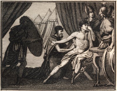 エパミノンダスの死（紀元前362年、マンティネイアでのスパルタ軍との戦いの後）。1816年「The Rollin of Youth or Selected Pieces of Ancient and Roman Stories」からのエングレーヴィング。個人蔵。 作： Anonymous Anonymous